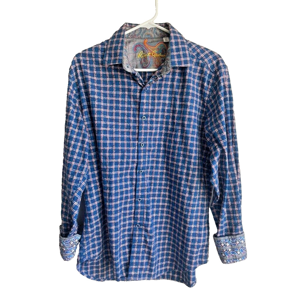 ROBERT GRAHAM Men's Flip Cuff Shirt Embroidered Logo Blue Red Check‎ XL